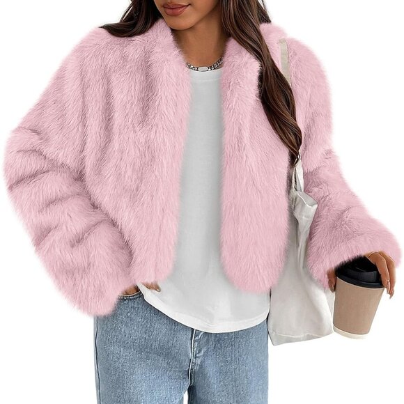 Jackets & Blazers - Women's Pink Winter Coats Fluffy Cropped Faux Fur Jacket Long Sleeve Open Front